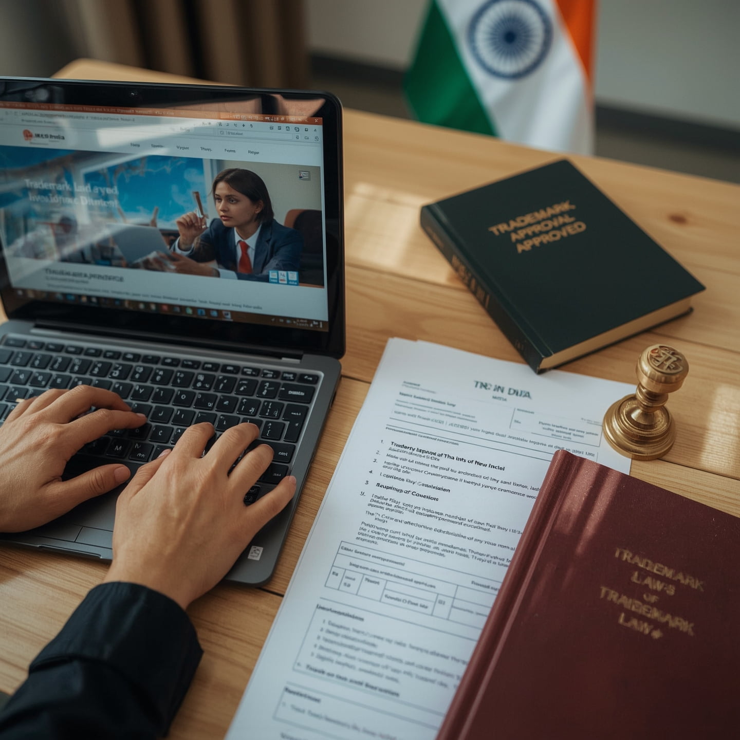 Register a trademark online in India with laptop, Form TM-A, and Indian flag in background