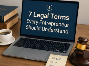 Showing legal terms for Entrepreneurs "desk with legal documents, laptop, and checklist".