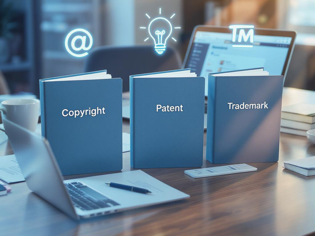 Desk of copyright, patent, and trademark documents, laptop, and legal symbols representing intellectual property rights.