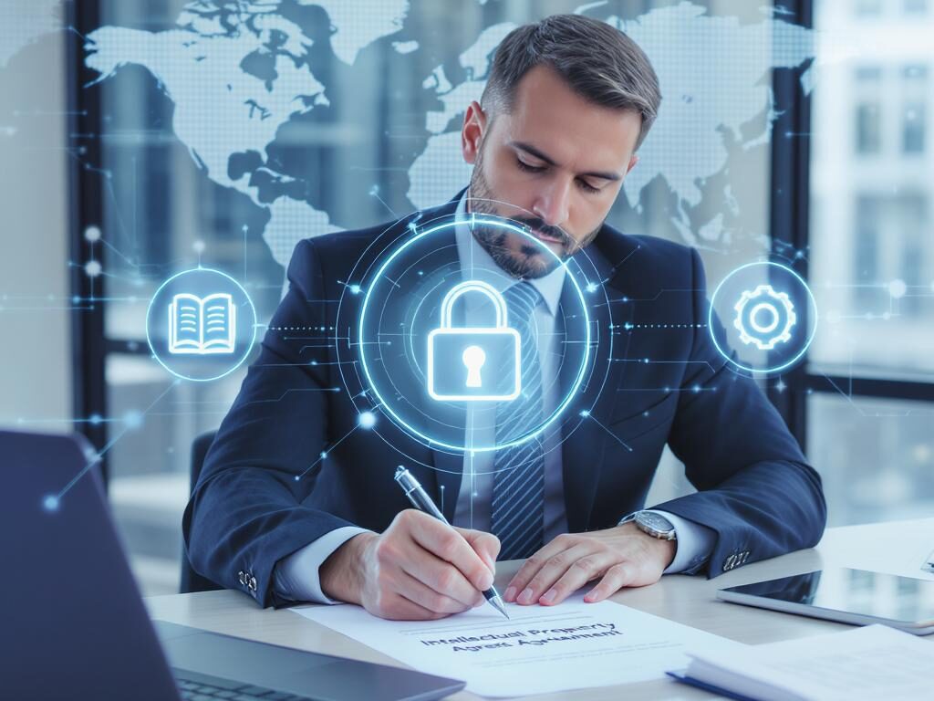 Professional signing IP protection document with copyright, patent, and trademark icons.