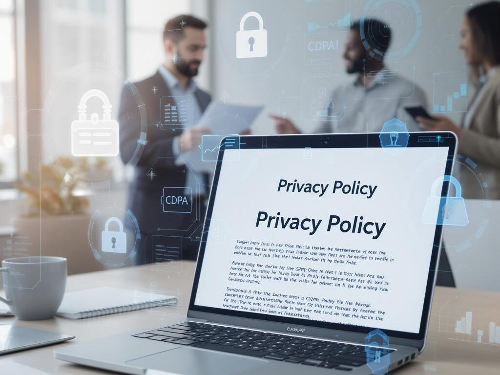 Realistic office scene with privacy policy for business on screen and data compliance icons (GDPR and CCPA).
