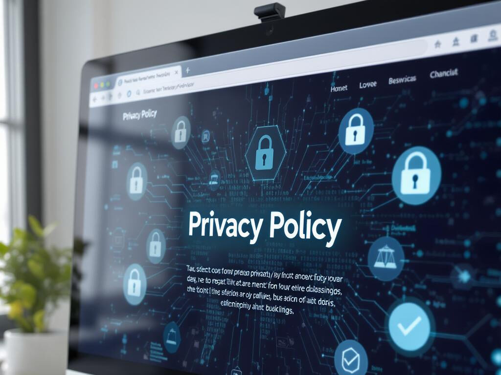 Website screen showing privacy policy with security icons and legal visuals in office setting.