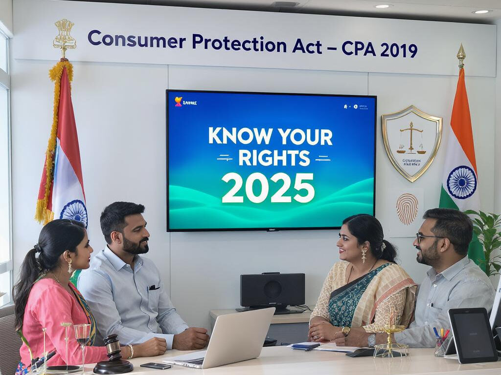 Indian consumers consulting legal advisor on consumer rights under CPA 2019 with digital and legal icons
