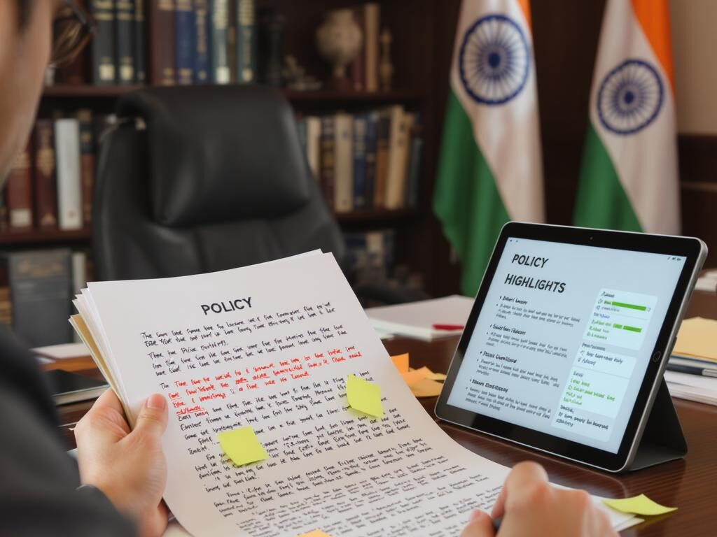 Policy analyst reviewing government document with notes and digital tablet for fast and efficient policy analysis