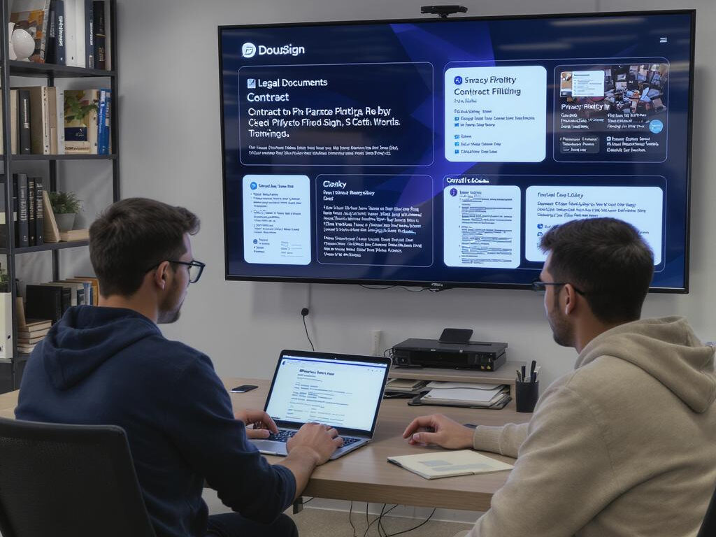 Startup founders using laptops to manage legal documents with apps like DocuSign, LegalZoom, and Clerky in a modern tech office – legal tech tools for startups 2025