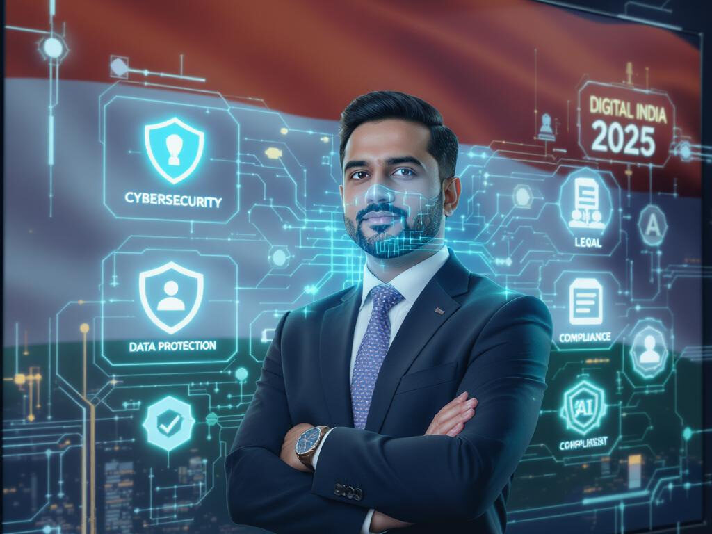 Indian entrepreneur with digital interface illustrating cybersecurity, data privacy, and Digital India Act 2025 compliance.