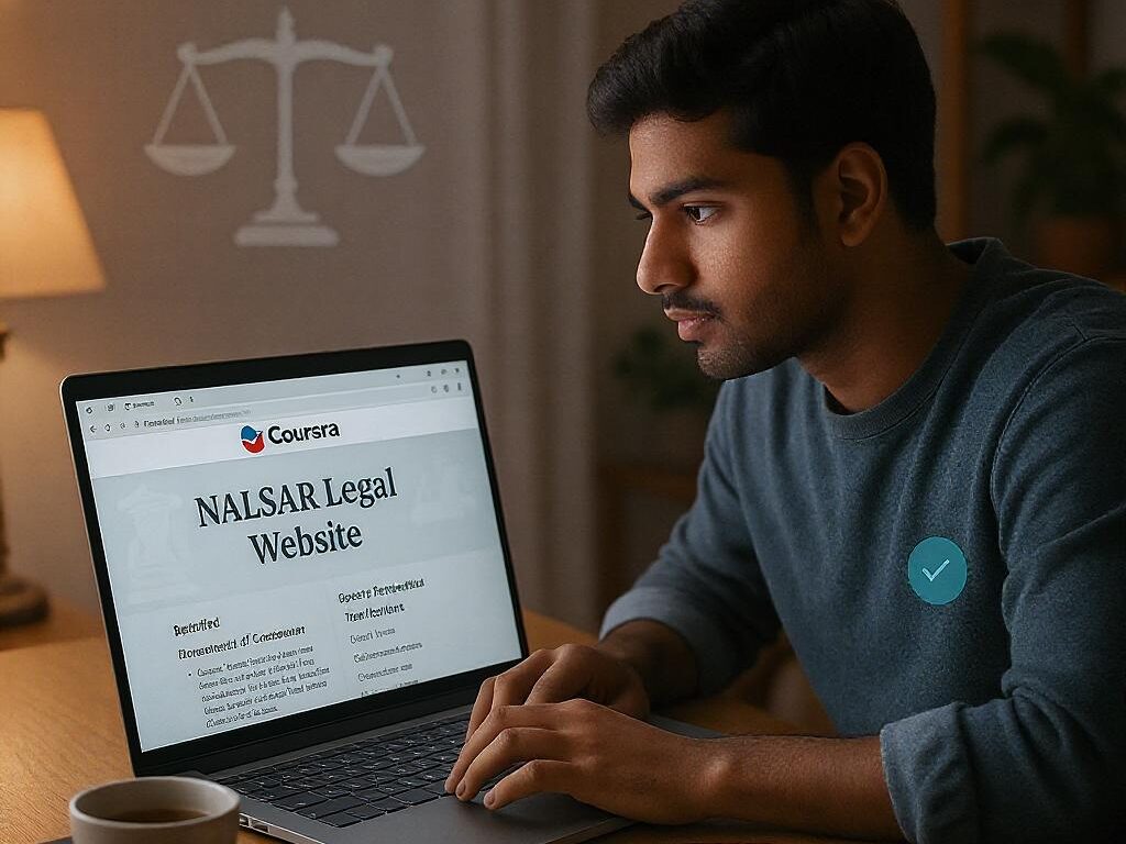 Young adult studying law as a non-lawyer at home using free online platforms with legal icons and certificate on screen.