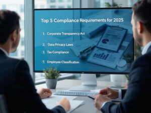 Business team reviewing 2025 legal compliance checklist on screen – focus on Corporate Transparency Act and business legal compliance 2025.