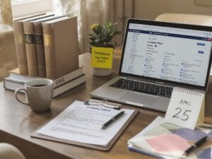 Legal business compliance 2025 desk setup with checklist, FinCEN filing portal, and compliance deadlines.