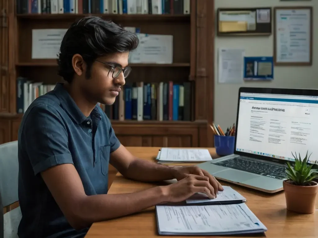 Student checking NSP scholarship application status online under Vidyarthi Kalyan Yojna 2025 portal with documents and laptop.