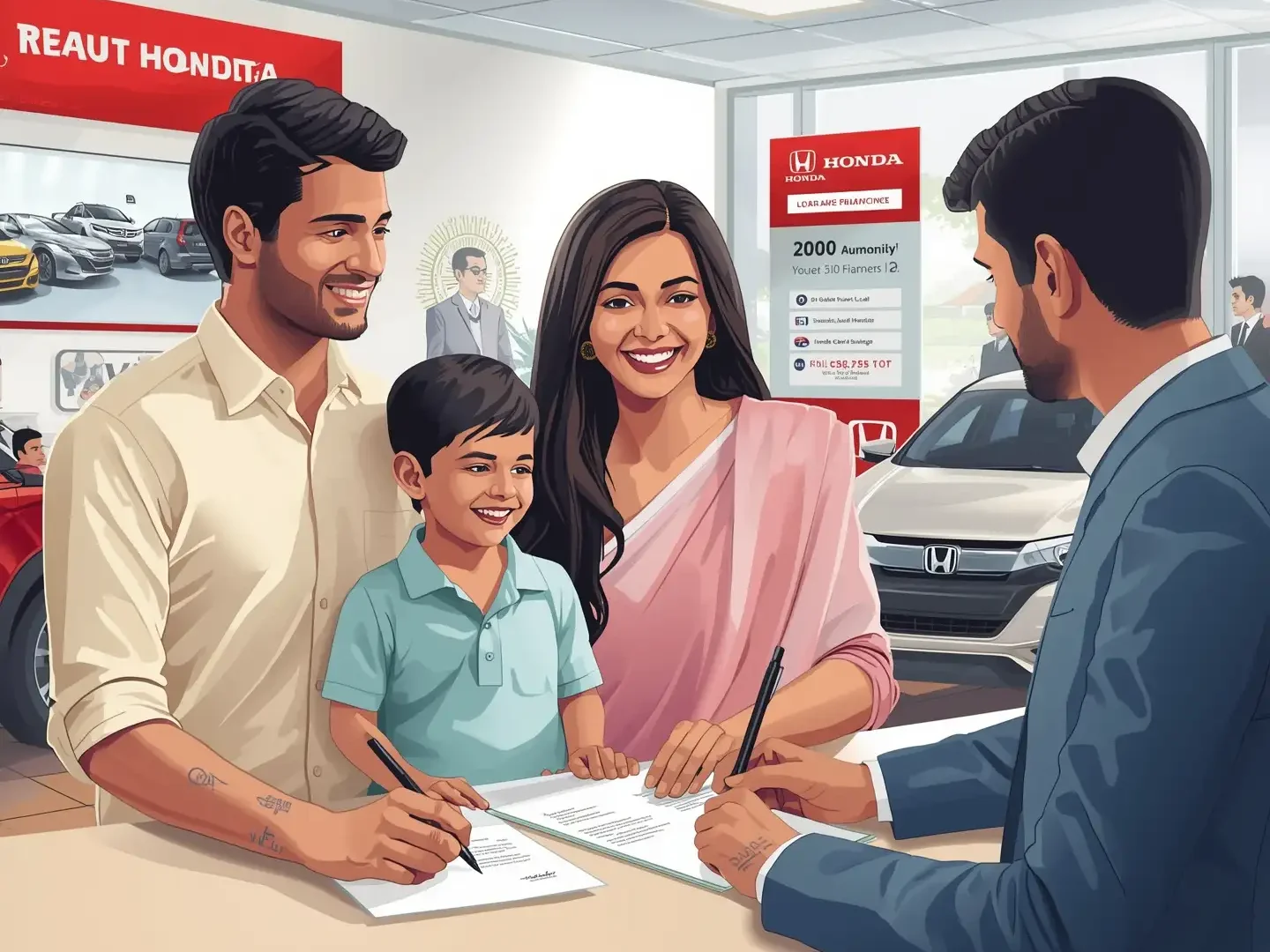 Honda auto financing business in India – customer signing loan documents at Honda showroom for a new car purchase