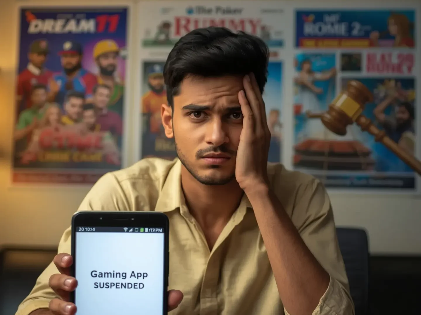 Young Indian man looking at his suspended gaming app on phone, symbolizing Online Real Money Gaming Ban 2025 and its impact on players
