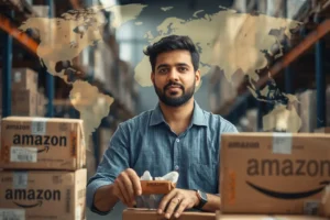 Small Indian business owner packing export products with Amazon boxes, symbolizing FDI in e-commerce India and global trade growth.