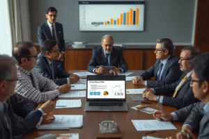 Team of exporters discussing Amazon export policy India with documents and laptops, highlighting opportunities for Indian products abroad.