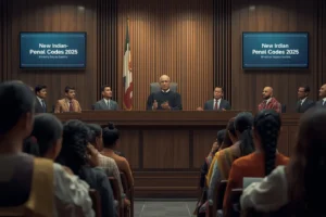 Citizens learning about the Changes in Indian Penal Code 2025 inside a modern Indian courtroom with digital displays.