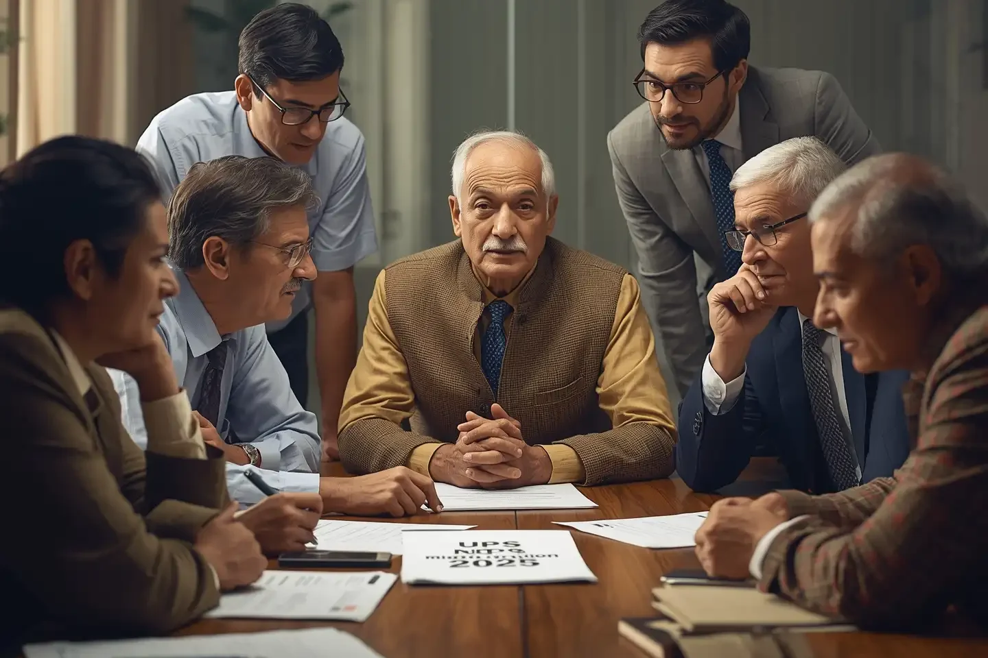 Government employees discussing retirement planning during UPS to NPS Migration 2025 reform.