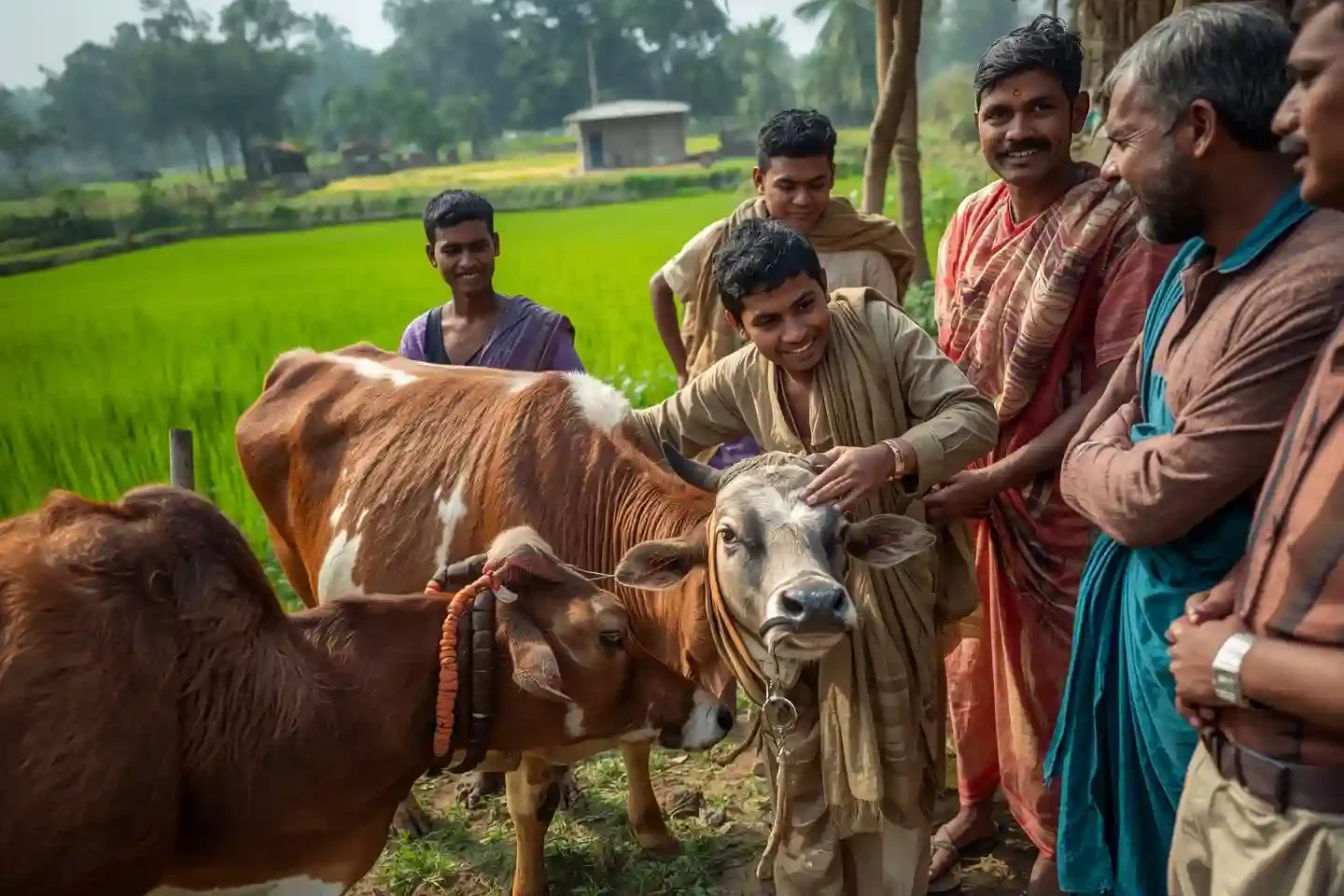 Young rural youth working under the Pashudhan Mitra Scheme, providing animal care and supporting farmers’ income in a village setting.