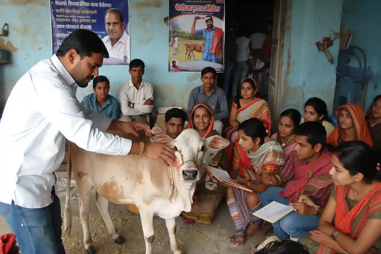 Rural youth engaged in animal husbandry jobs under the Pashudhan Mitra Scheme, supporting farmers with livestock care in villages.