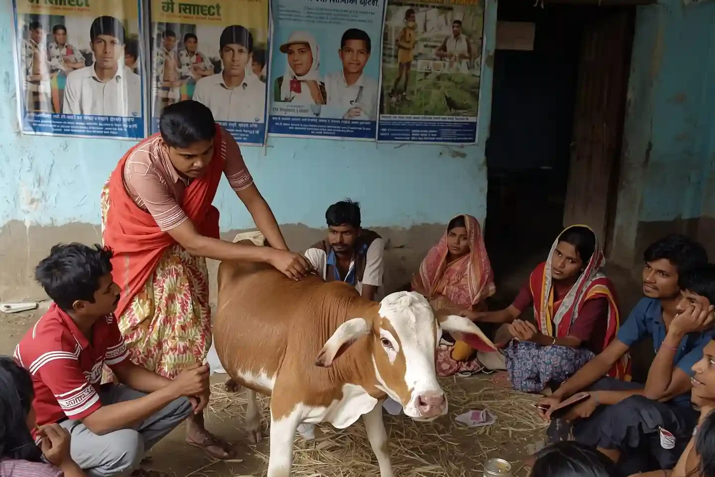 Pashudhan Mitra Scheme youth providing animal care services to farmers in a rural village to support livestock health and income growth.