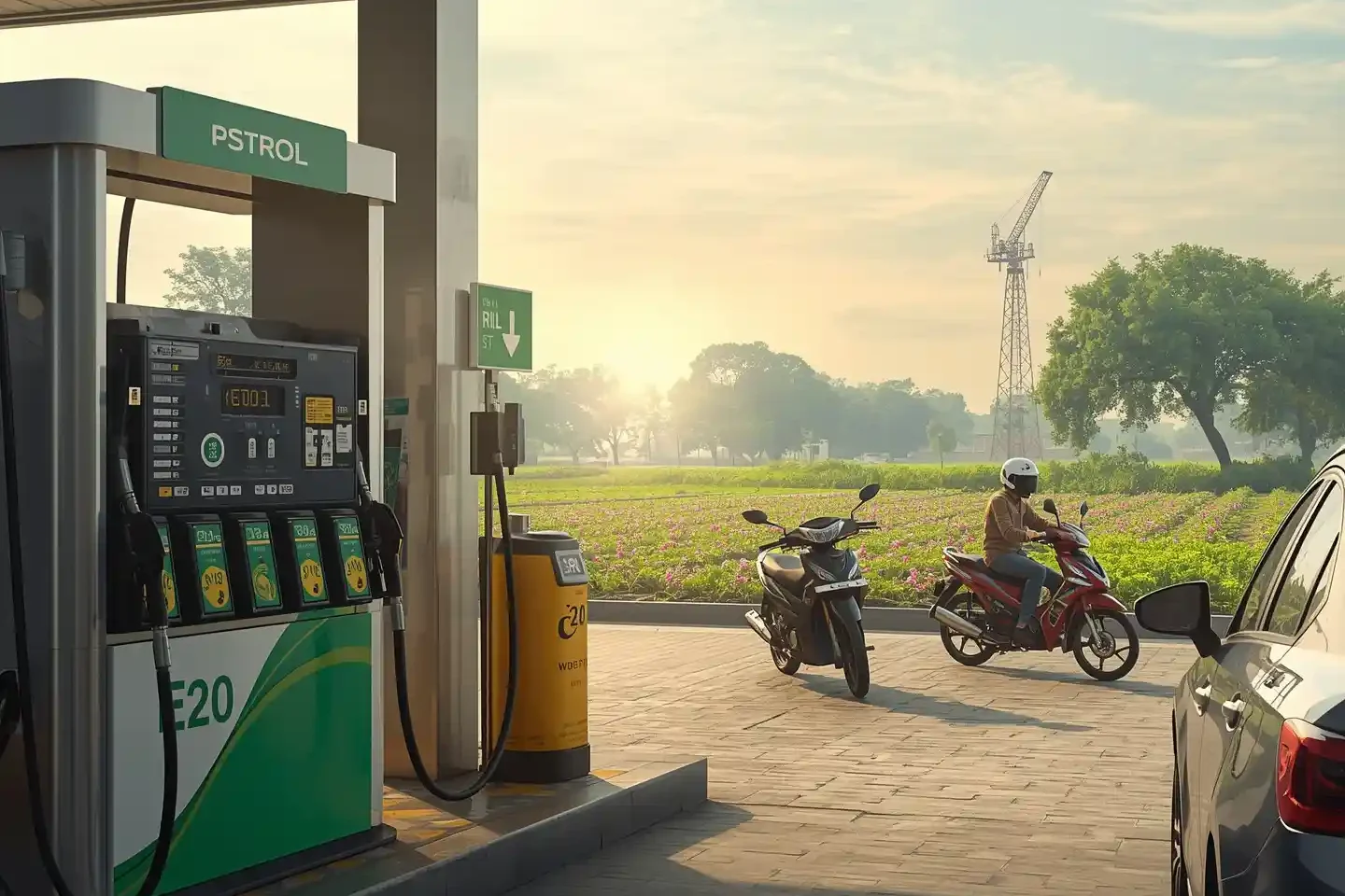 Vehicles refueling at an Indian petrol pump under the E20 Petrol Policy 2025 with ethanol-blended fuel