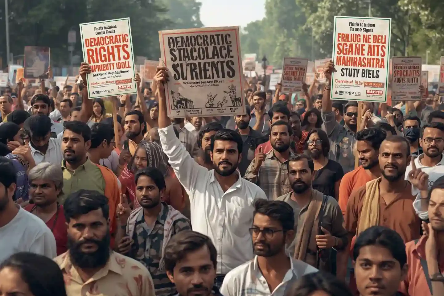 Peaceful citizens participating in protests against Maharashtra Security Bill defending democratic rights in India with civil rights groups involvement.