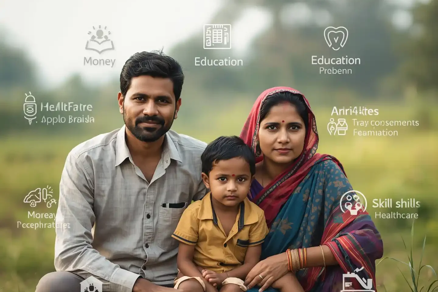 Indian family receiving Subhadra Scheme financial assistance with education, healthcare, and skill development benefits