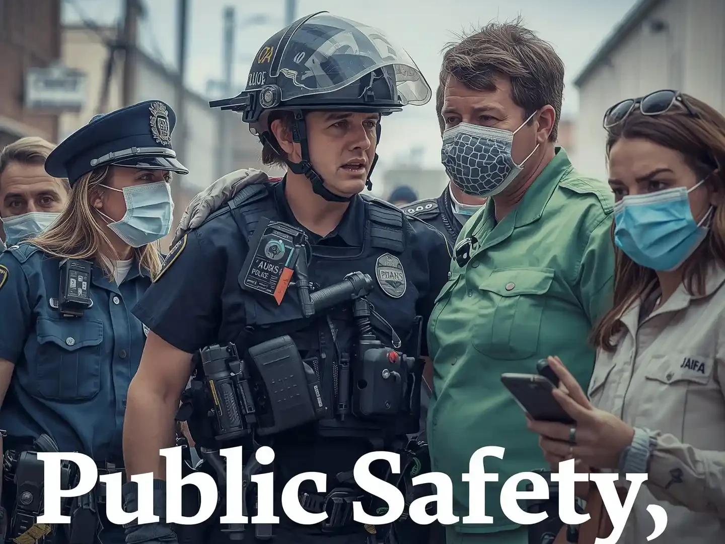 Emergency response teams and local officials coordinating during a crisis in Wisconsin, illustrating public safety governance and community protection.