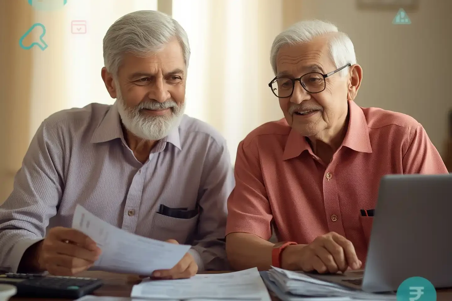 Senior citizen tax benefits 2025-26 illustrated with realistic humanized elderly individuals discussing income tax planning at home.
