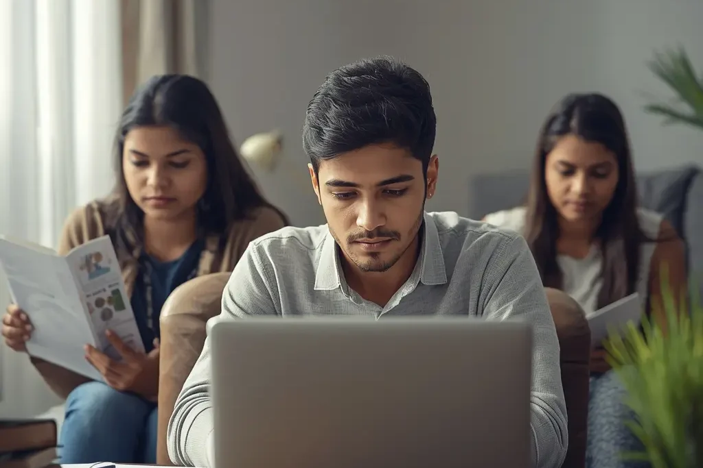 Indian students studying for competitive exams at home, highlighting support from government skill development scheme with realistic humanized features.