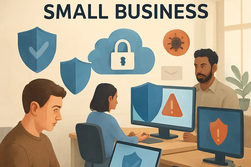 Cybersecurity for Small Business concept showing employees in a modern office using laptops with shield and lock icons representing data protection against cyber threats.