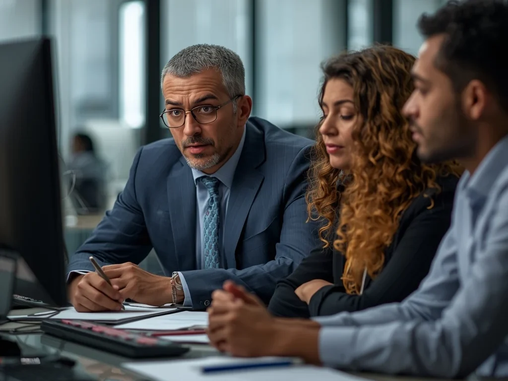 Realistic image showing H1B visa restrictions affecting IT workers in an office, with subtle infographic elements highlighting fee, entry, and high-skill job rules.