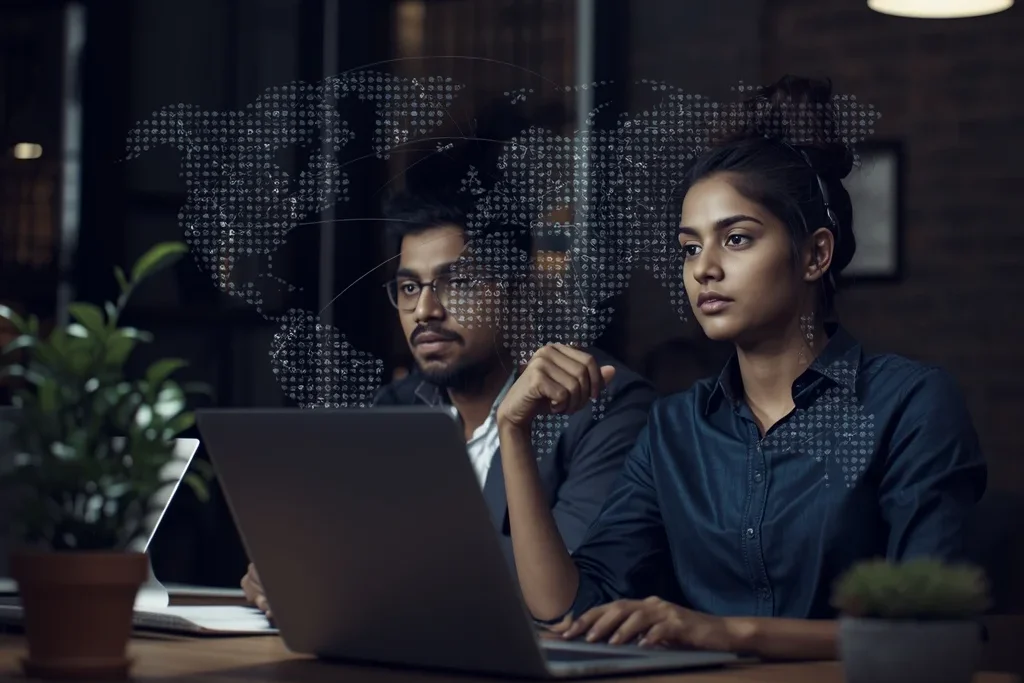 Realistic image depicting Indian IT employees affected by H1B visa restrictions, with subtle infographic hints of fees, high-skill roles, and entry limits.