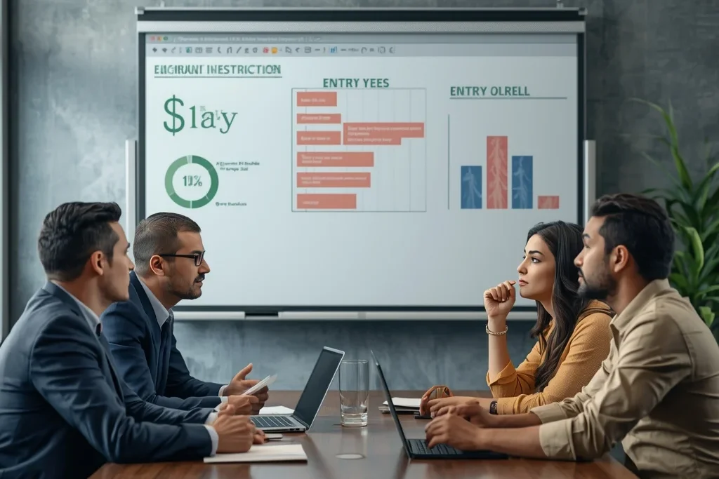 Indian IT industry visa impact shown through realistic office scene with professionals discussing H1B visa policy changes and fee updates.