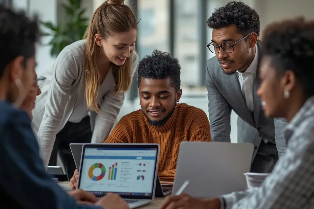 Global Business Grants 2025: Entrepreneurs and small business owners collaborating in an office environment to explore funding opportunities.