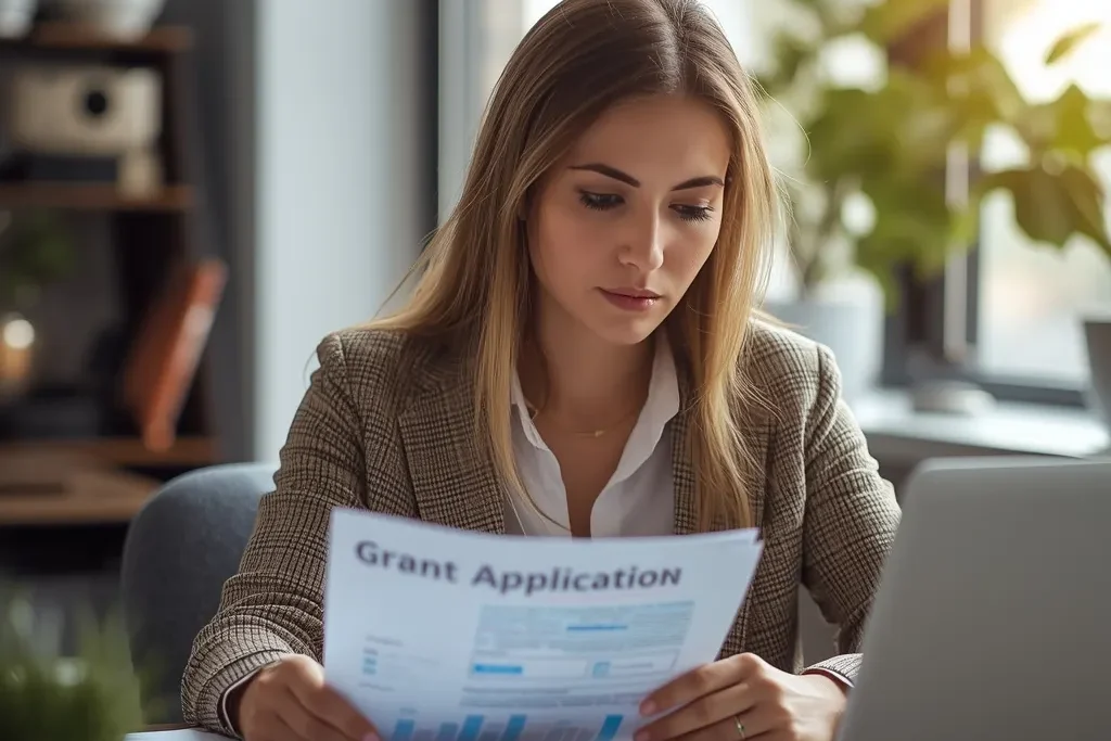 Female entrepreneur working on Global Business Grants 2025 applications at her desk, reviewing funding opportunities for startups.