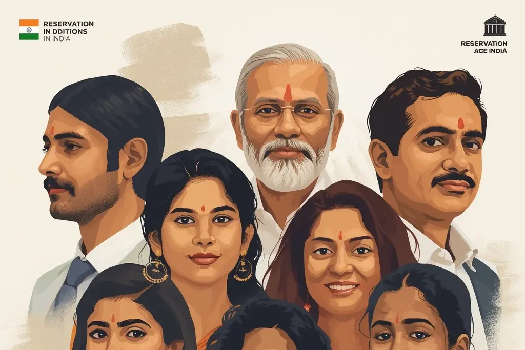 Realistic human illustration representing Reservation in India with SC, ST, OBC, and EWS communities, highlighting landmark judgments and social empowerment.