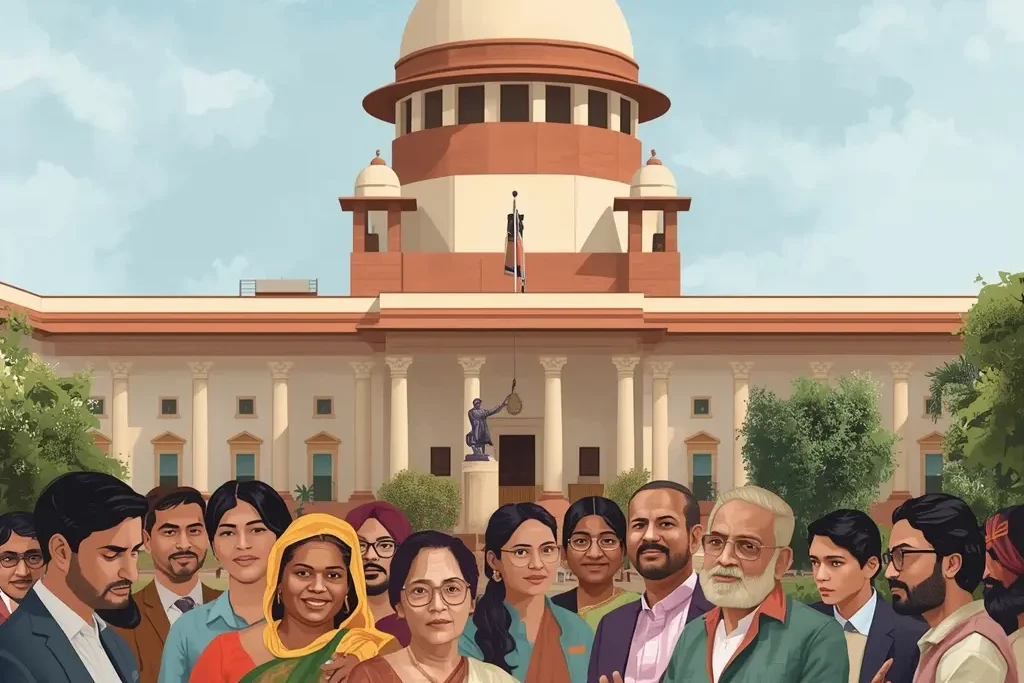 Supreme Court of India with diverse citizens representing SC, ST, OBC, and EWS communities, illustrating landmark judgments on reservation policy.