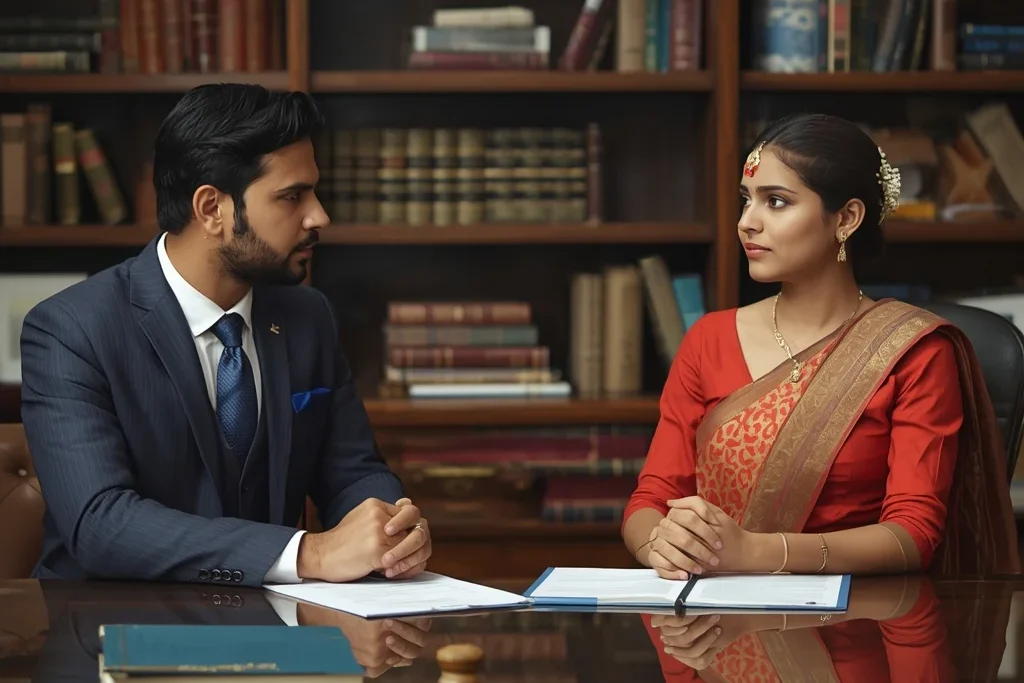 Lawyer explaining marriage and divorce laws in India during a family dispute resolution session.