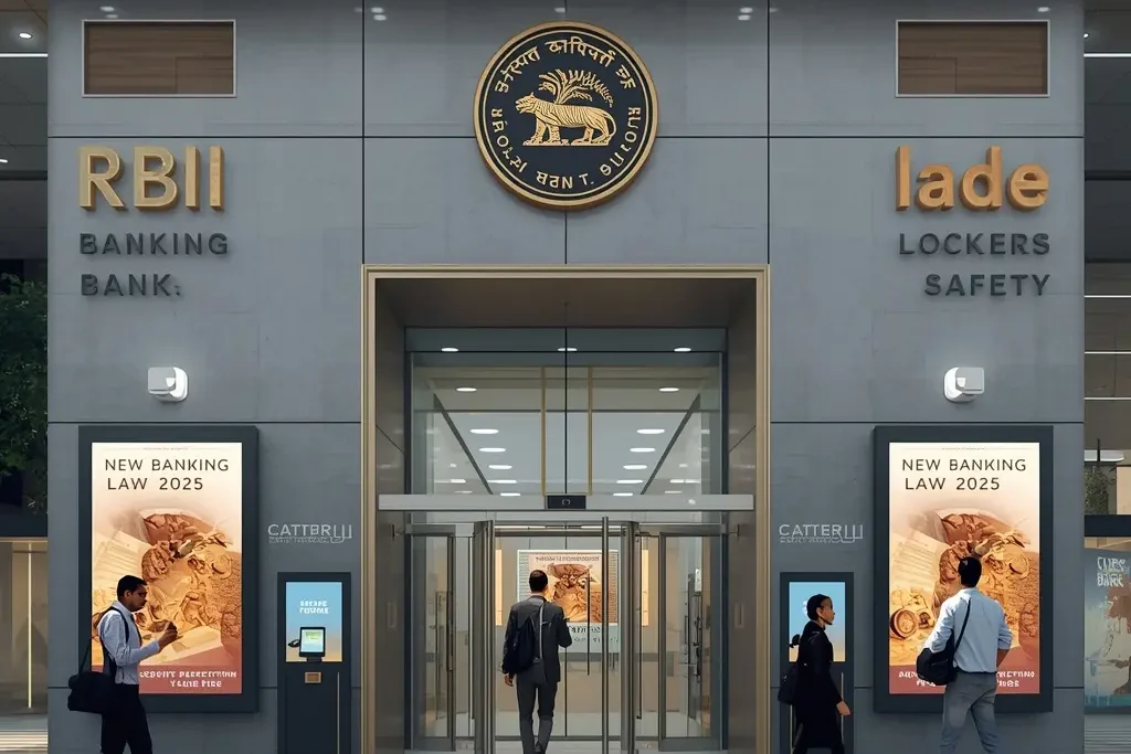 Modern Indian bank showcasing New Banking Law 2025 with digital displays, RBI logo, deposit protection, and secure lockers.