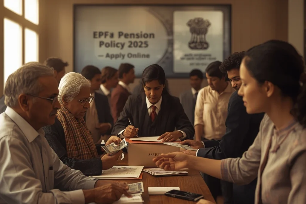 Bank staff assisting customers withdraw cash and sign forms under a screen reading EPFO Pension Scheme 2025.