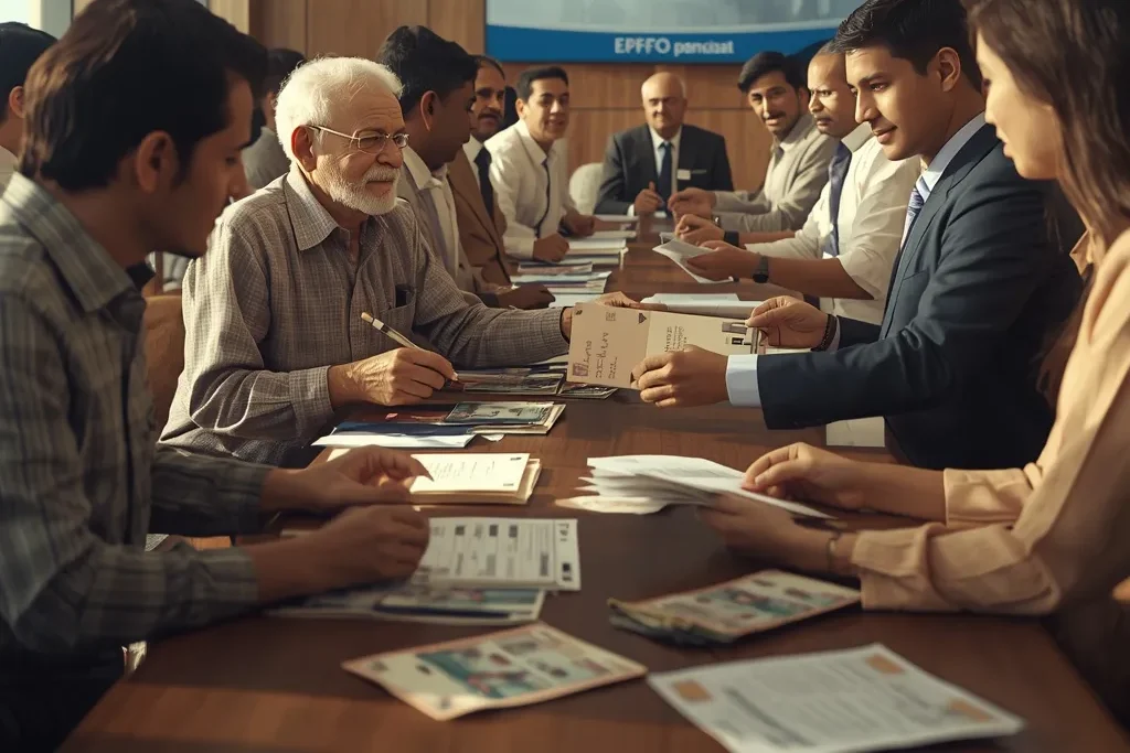 Elderly man collecting rupee notes from an ATM with a nearby kiosk showing “EPFO Pension Policy 2025.”
