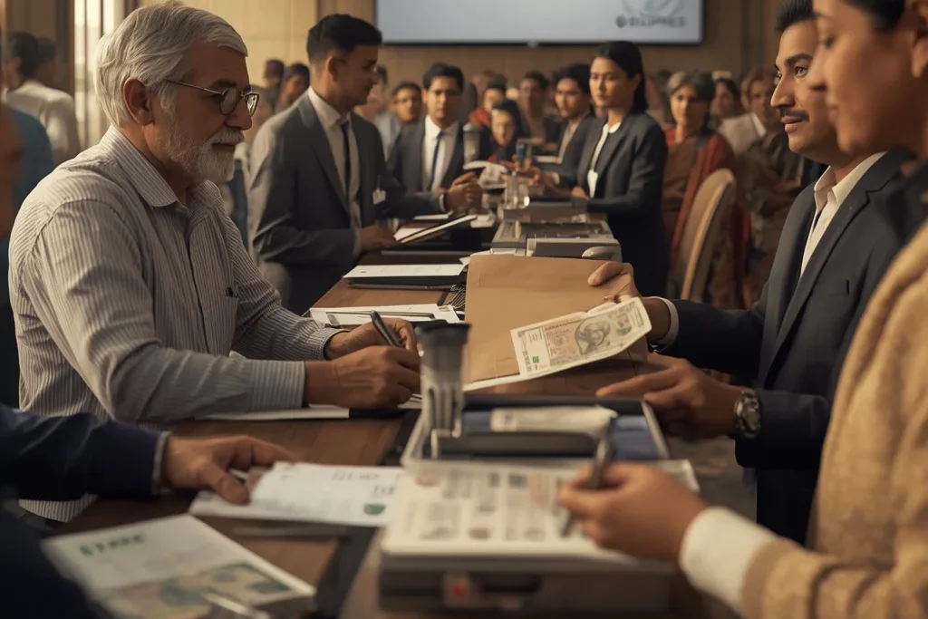 Bank officer explains “EPFO Pension Scheme 2025 — How to Apply” PDF to a family helping an elderly pensioner.
