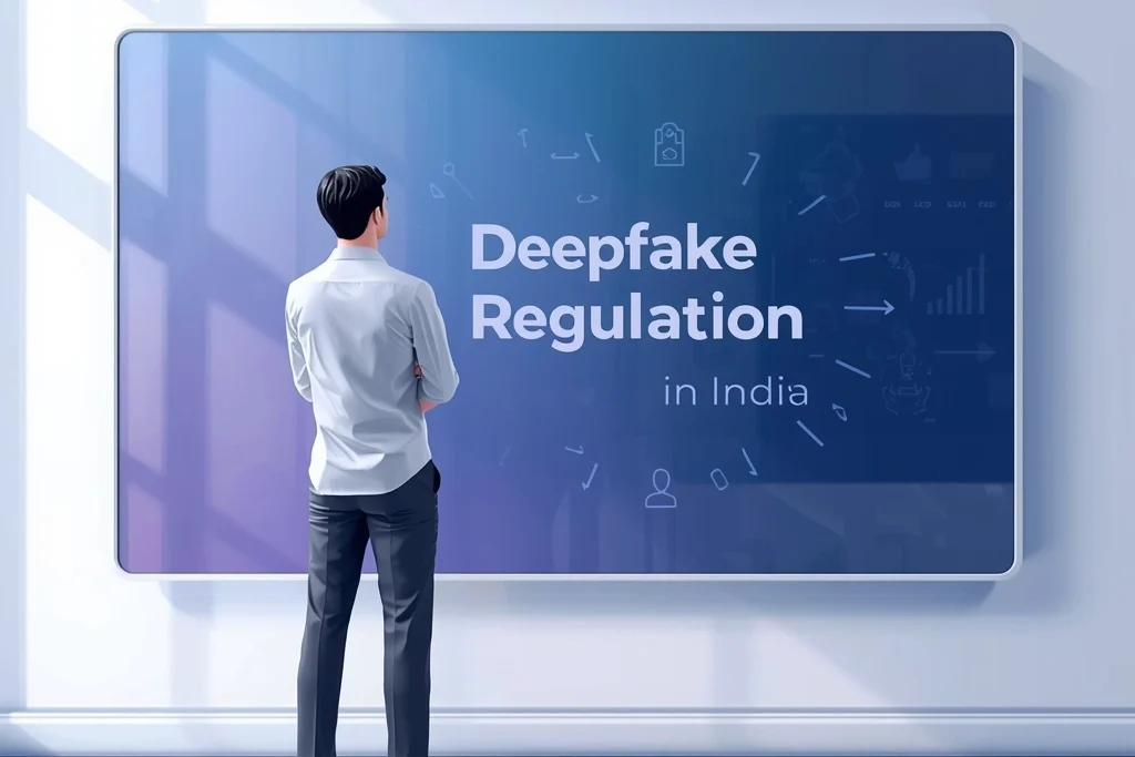 Person analyzing smart screen displaying Deepfake Regulation in India for AI governance and IT Rules 2025 deepfake policy