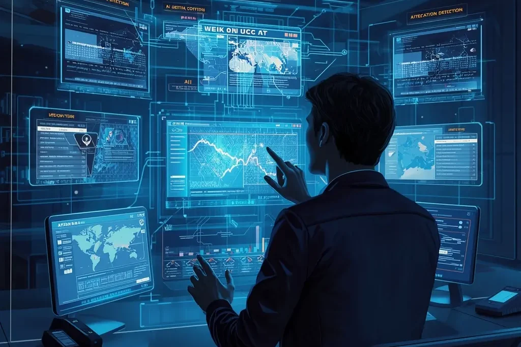 Professional analyzing holographic AI-generated content with deepfake labelling guidelines India on futuristic screens in a tech lab