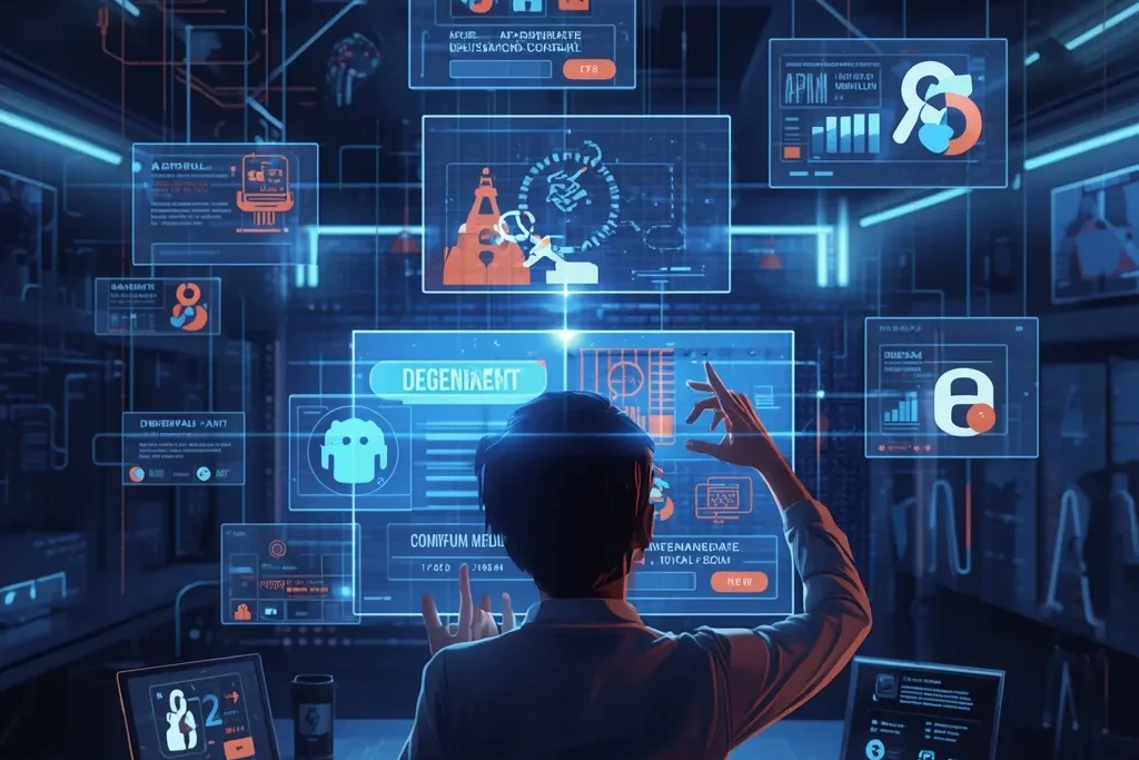 Person monitoring AI misuse laws in India with interactive digital screens highlighting responsible artificial intelligence governance in India