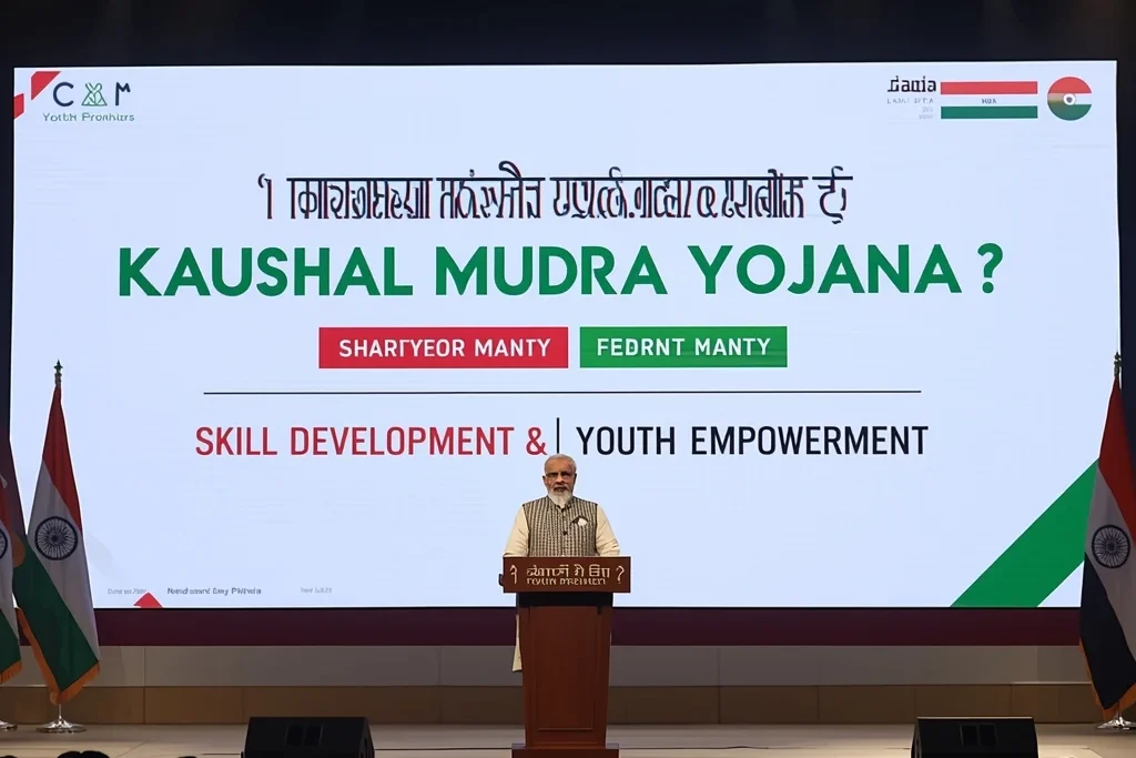 Prime Minister Narendra Modi giving speech at event promoting Pradhan Mantri Kaushal Mudra Yojana (PMKMY) for youth skill development and financial empowerment.
