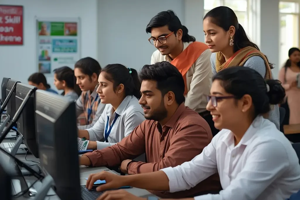 Young Indian trainees learning digital and technical skills under the Skill Financing Scheme at a government-approved training center.