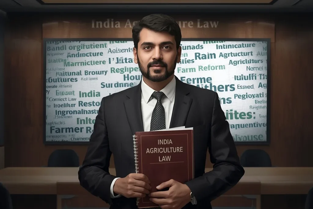 A professional Indian lawyer presenting legal documents on India agriculture policies and laws highlighting farmer rights and agricultural reforms.