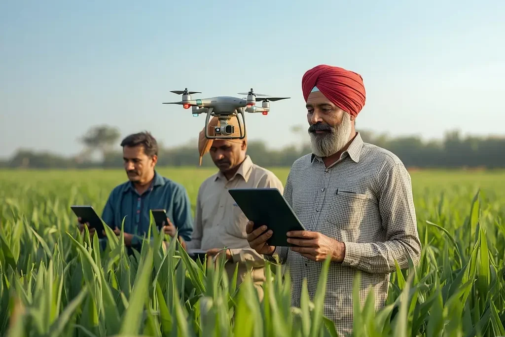 Indian farmers using modern tools and drones in fields representing agricultural reforms in India and digital farming growth.
