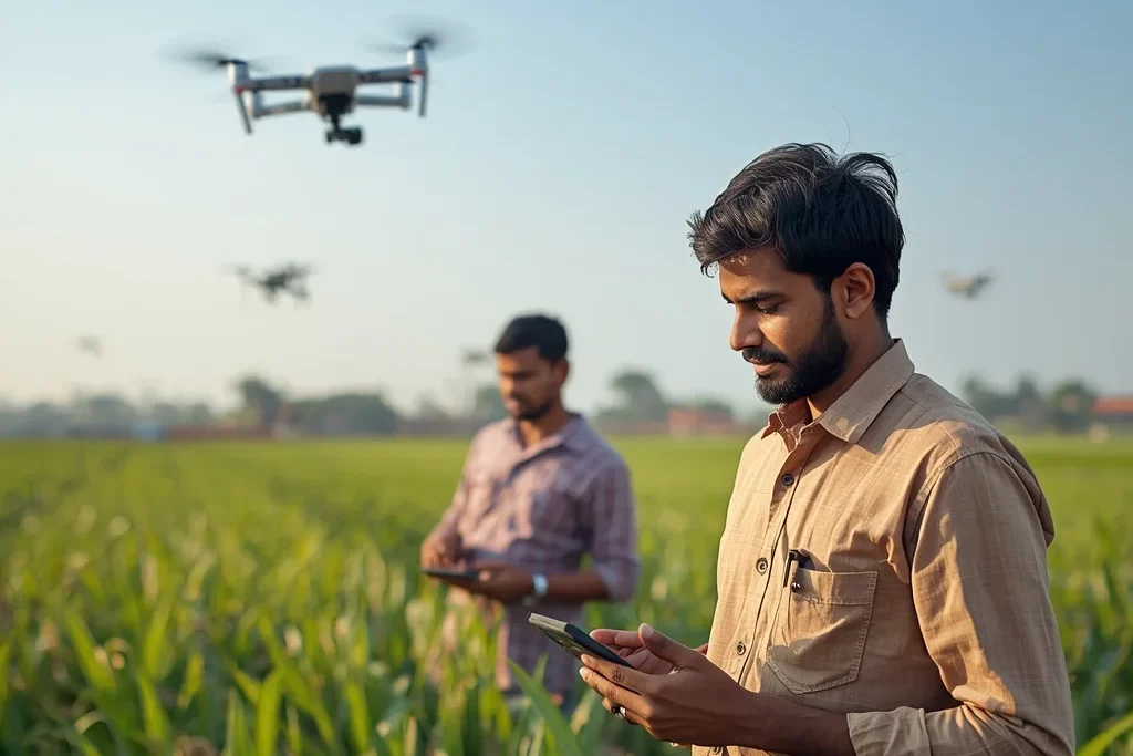 Farmers adopting sustainable farming practices with organic crops, eco-friendly irrigation, and renewable energy on Indian farmland.